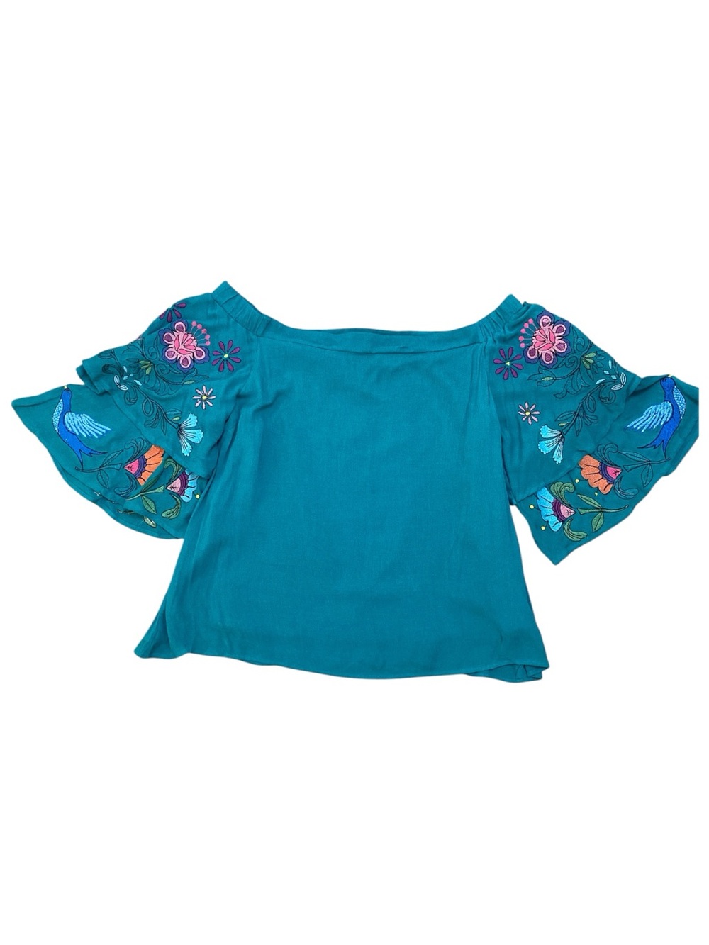 Judith‎ March Teal Embroidered Off-Shoulder Top Size S Floral Birds Colorful